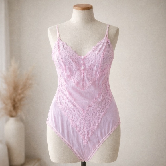 vassarette Other - Coquette 90s Delicates Light Pink Lace Teddy High Cut Sheer Mesh‎ Lingerie